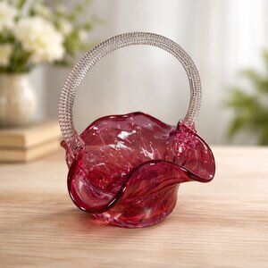 Vintage Heritage Cranberry Glass Basket Angelo Rossi Hand Blown Canadian Art